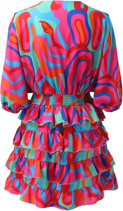 Amélia Women's V-Neck Dress – Flowing Dress with Ruffles and High Waist