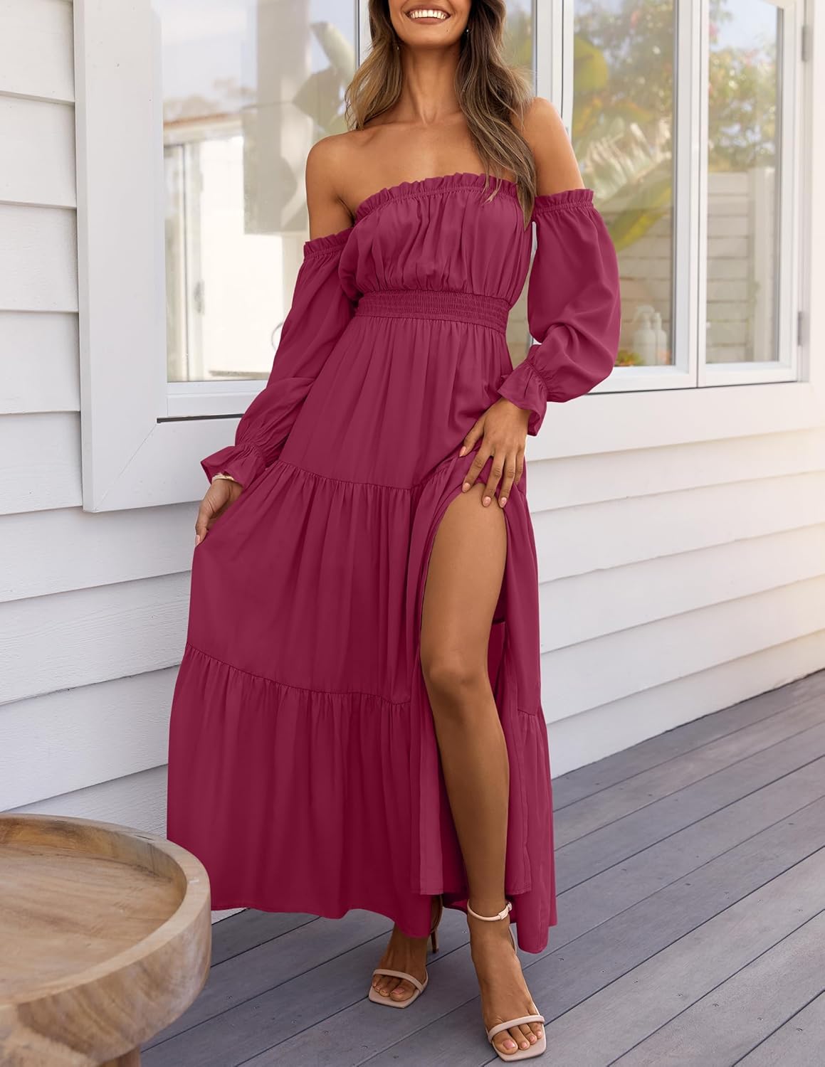 Sophie Maxi Dress for Women – Bohemian Off-Shoulder Dress with Slit and Smocked Waist