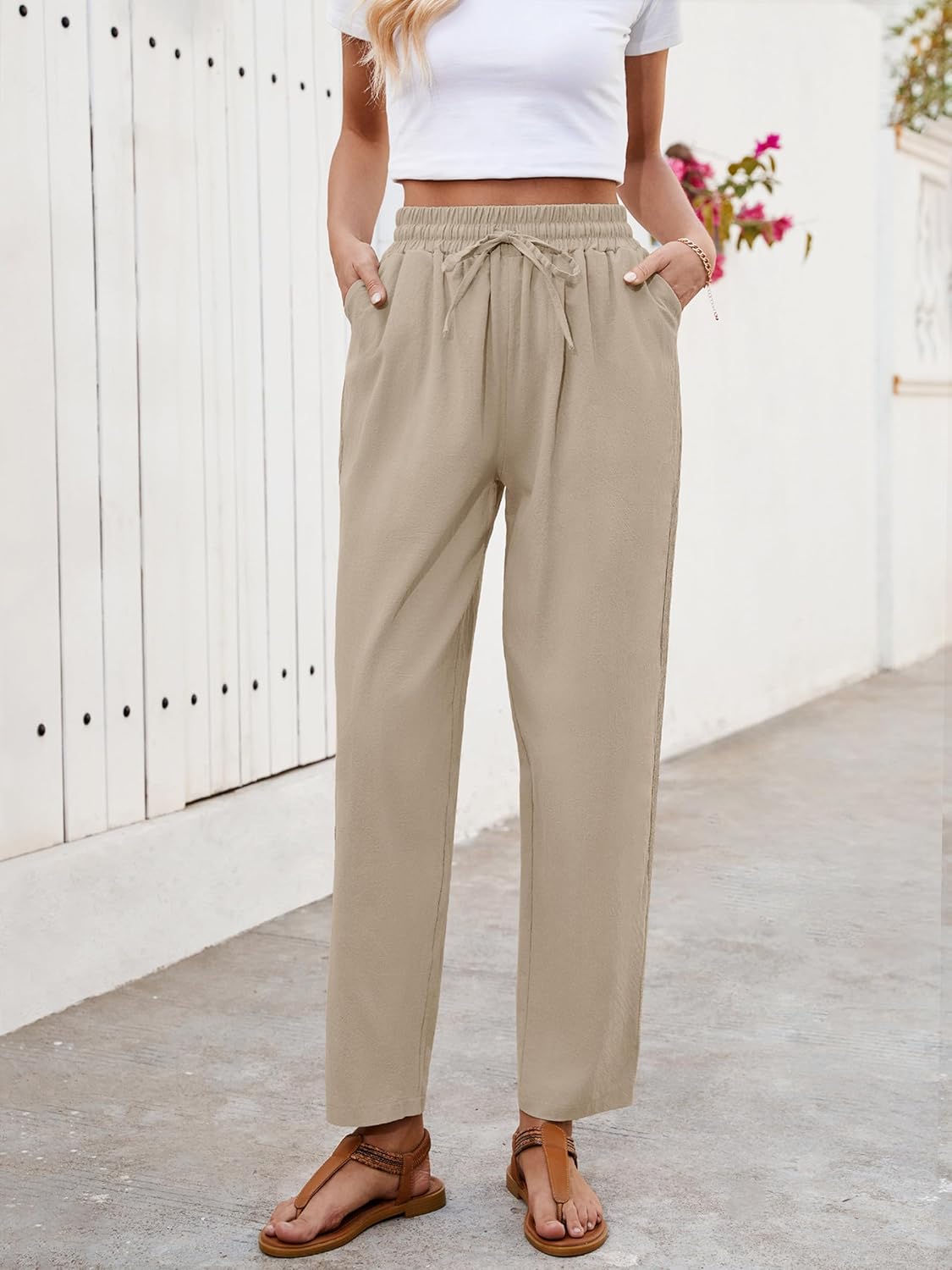 Ysabel Women's Linen Capri Pants – Lace, Wide Cut, Elastic Waist Summer Chic