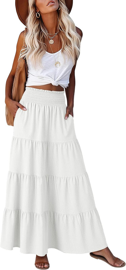 Juna Maxi Skirt for Women – Bohemian High-Waisted Smocked & Ruffled Summer Skirt