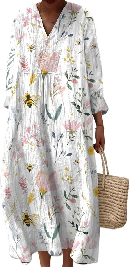 Emily Women's Dress – Midi V-Neck Long Sleeve A-Line Flowing Dress for Summer