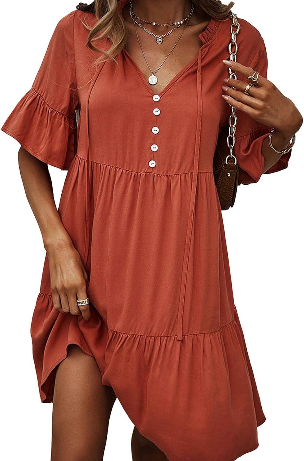 Emma Women's Dress – Elegant A-Line Dress with V-Neck and Short Ruffles for Summer