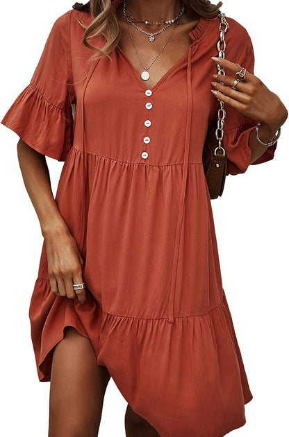 Emma Women's Dress – Elegant A-Line Dress with V-Neck and Short Ruffles for Summer