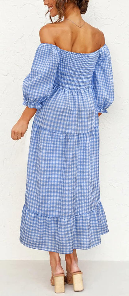 Léonie Bohemian Dress for Women – Off-Shoulder Ruffled Checkered Midi Summer Dress