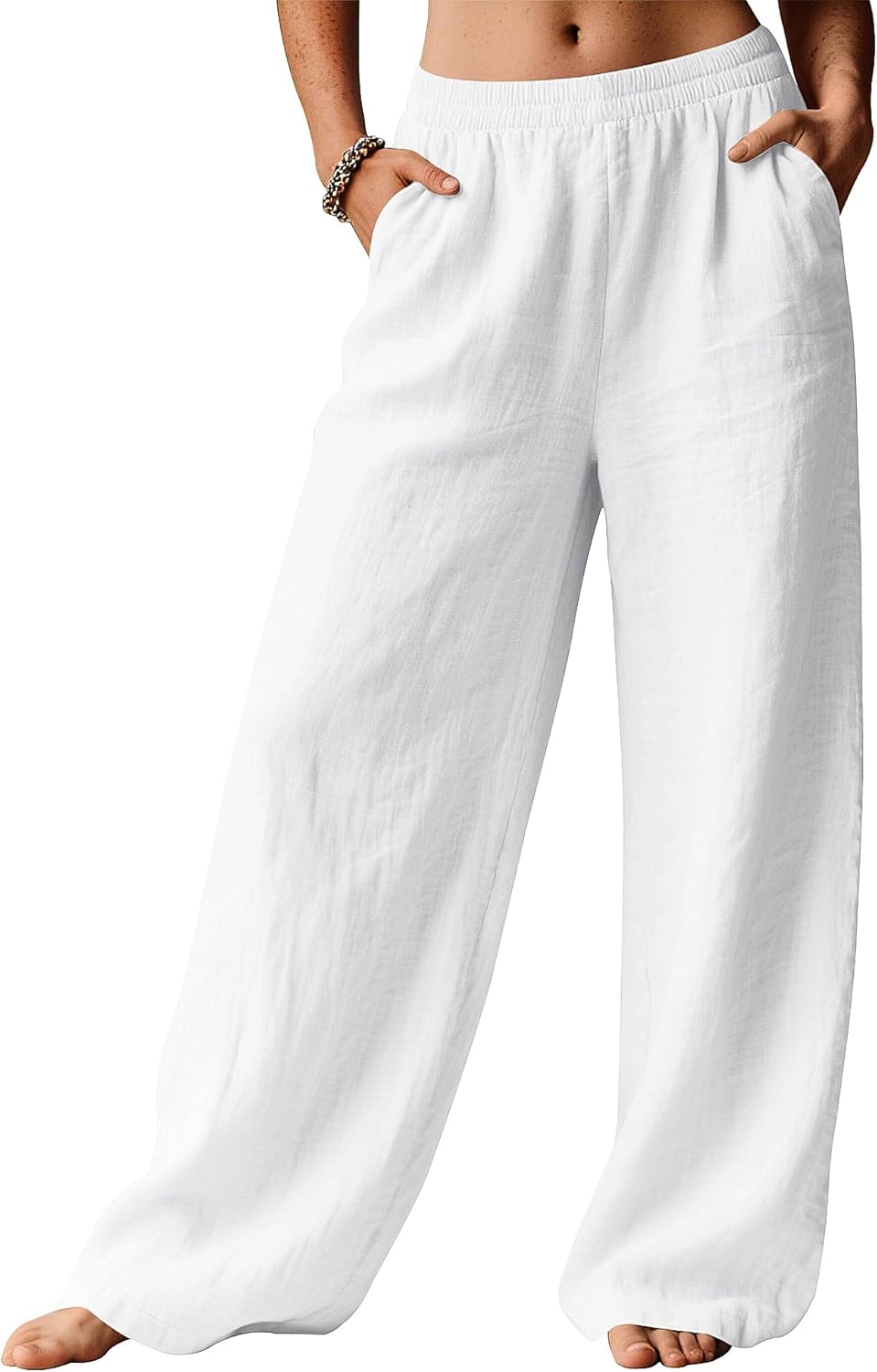 Linda Women's Pants – Elastic Waist Palazzo Linen Pants with Pockets for Summer