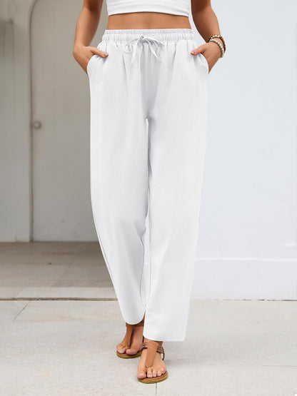 Merry Women's Linen Cotton Pants – Lightweight Capri, Elastic Waist, Casual Summer