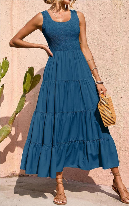 Elina Maxi Dress for Women – Sleeveless Smocked A-Line Summer Bohemian Dress