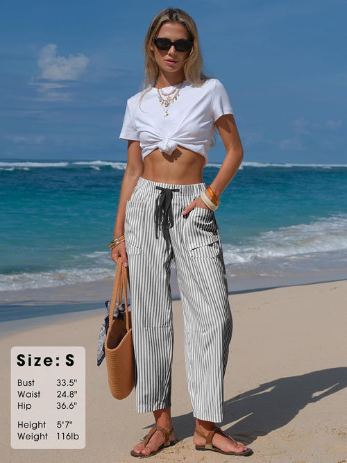 Laura Women's Striped Linen Pants – Wide Capri Cut, Elastic Waist, Lightweight Summer