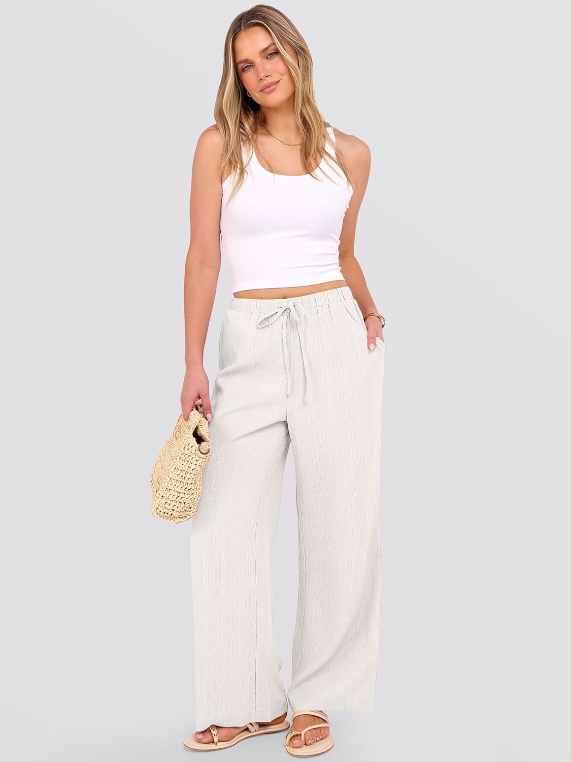 Malaya Women's Pants – Wide Palazzo Pants with Elastic Waist & Pockets for Summer
