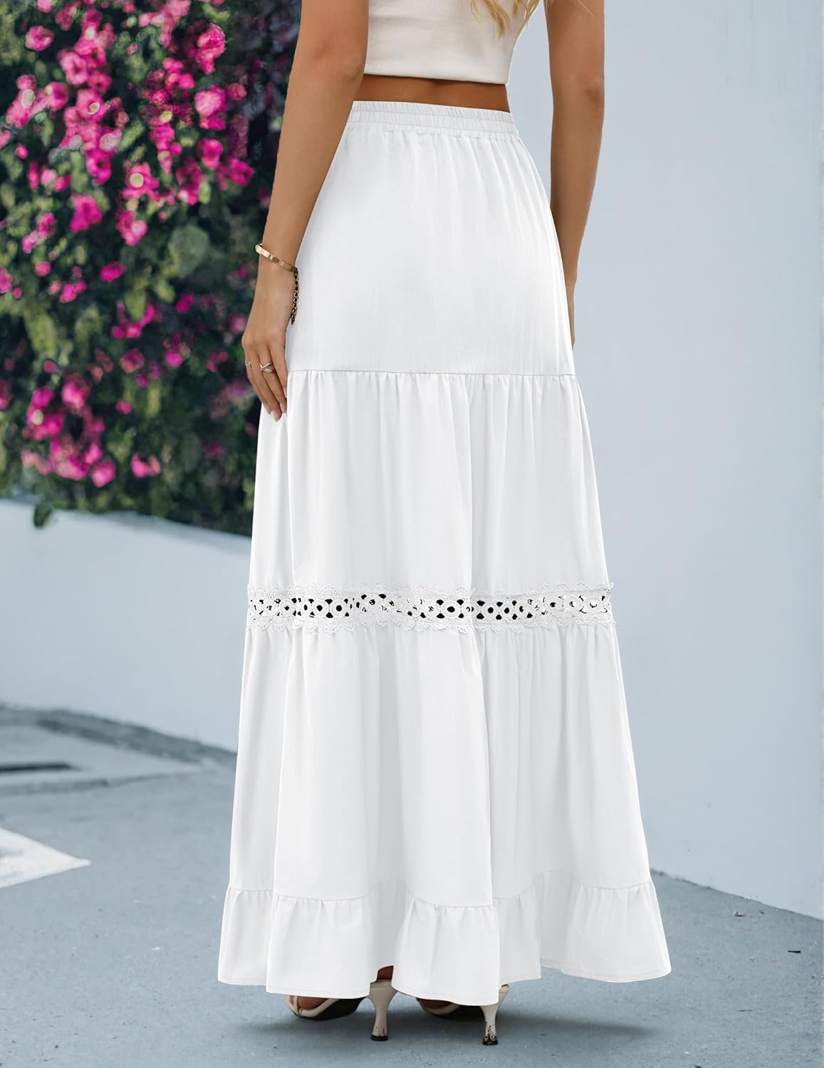 Edith Jupe Maxi Women – Bohemian Cotton Skirt with Crochet Lace & Ruffles