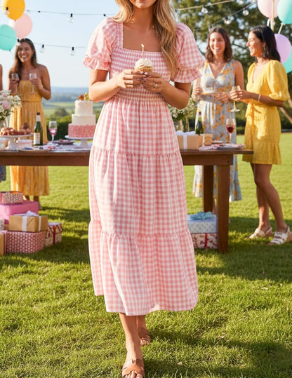 Sophie Bohemian Dress for Women – Elegant Summer Midi Dress with Square Neck and Puff Sleeves