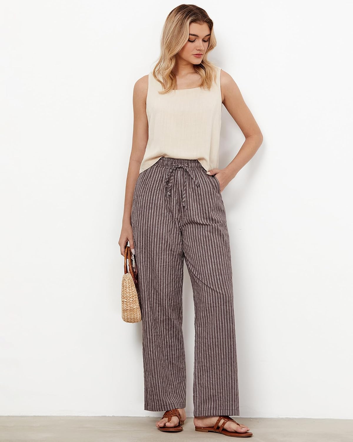 Julie Women's Striped Linen Pants – Wide Leg, High Waist Elastic Summer Chic