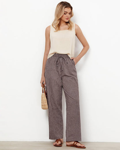 Julie Women's Striped Linen Pants – Wide Leg, High Waist Elastic Summer Chic