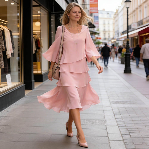 Camille Women's Dress – Elegant Midi Ruffle Dress with Flared Sleeves for Cocktail and Wedding