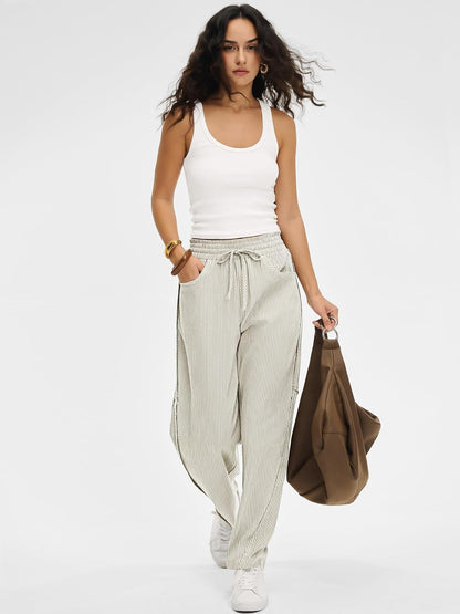 Kim Women's Striped Barrel Pants – Wide Fit, Elastic Waist, Casual Style