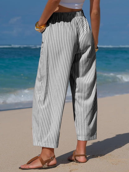 Léna Women's Pants – Striped Capri with Linen Effect, Elastic Waist & Pockets