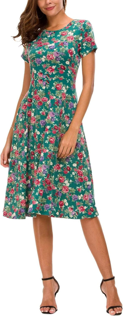 Léonie Midi Floral Dress for Women – Flared Dress with Short Sleeves and Round Neck for Summer