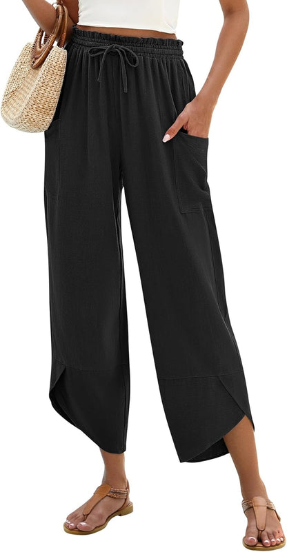 Jade Women's Pants – Capri Palazzo Bohemian Wide with Elastic Waist & Pockets