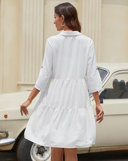 Léa Women's Shirt Dress – A-Line Buttoned Ruffle Dress with 3/4 Sleeves for Summer