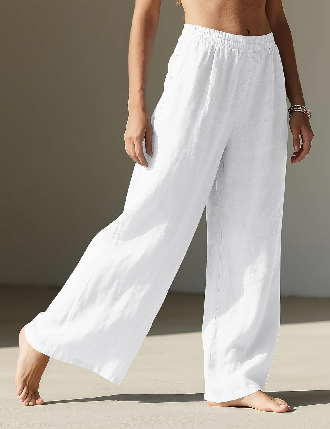 Linda Women's Pants – Elastic Waist Palazzo Linen Pants with Pockets for Summer