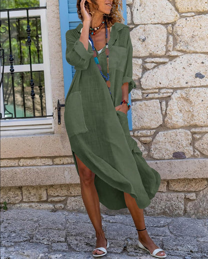 Emma Long Shirt Dress for Women – Buttoned Linen Cotton Dress with Slits and Pockets
