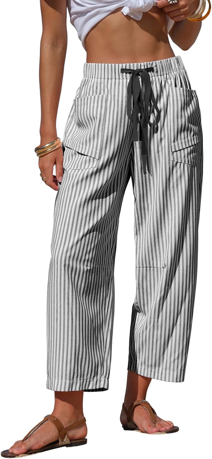 Léna Women's Pants – Striped Capri with Linen Effect, Elastic Waist & Pockets