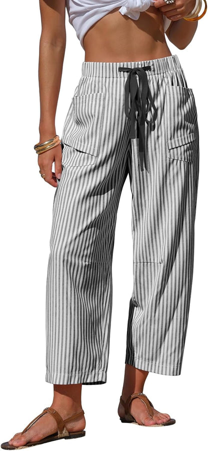 Léna Women's Pants – Striped Capri with Linen Effect, Elastic Waist & Pockets