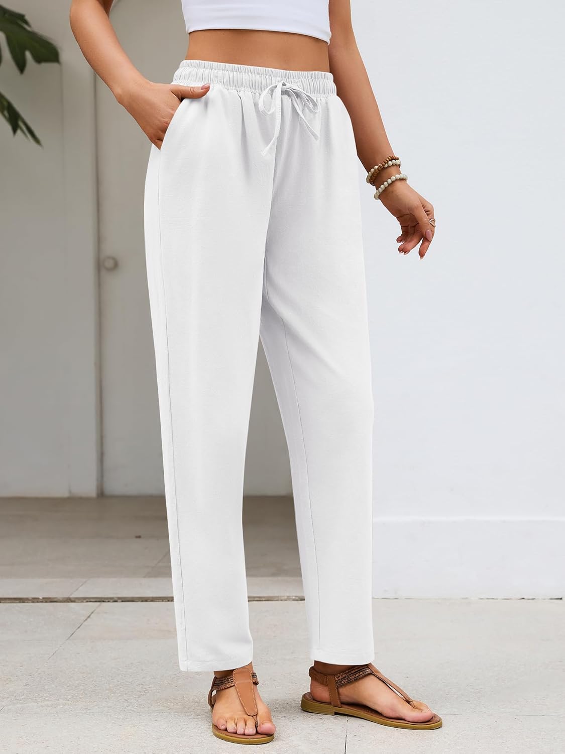 Merry Women's Linen Cotton Pants – Lightweight Capri, Elastic Waist, Casual Summer