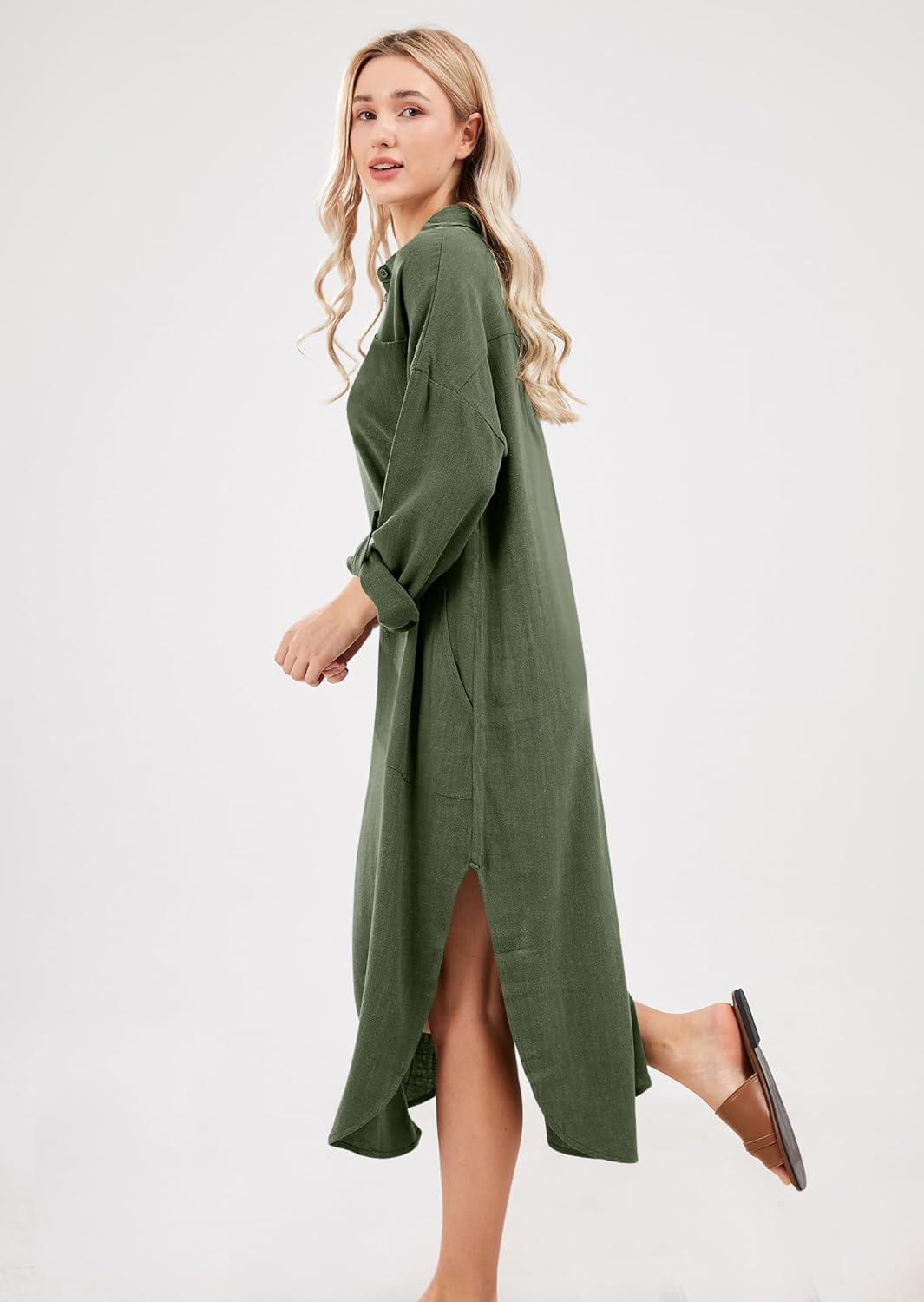 Emma Long Shirt Dress for Women – Buttoned Linen Cotton Dress with Slits and Pockets