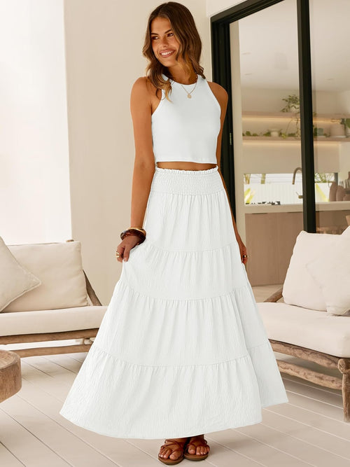 Juna Maxi Skirt for Women – Bohemian High-Waisted Smocked & Ruffled Summer Skirt