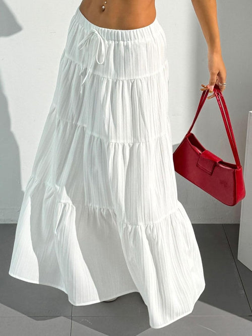 Dori Maxi Skirt for Women – White Bohemian High-Waisted Ruffled A-Line Skirt