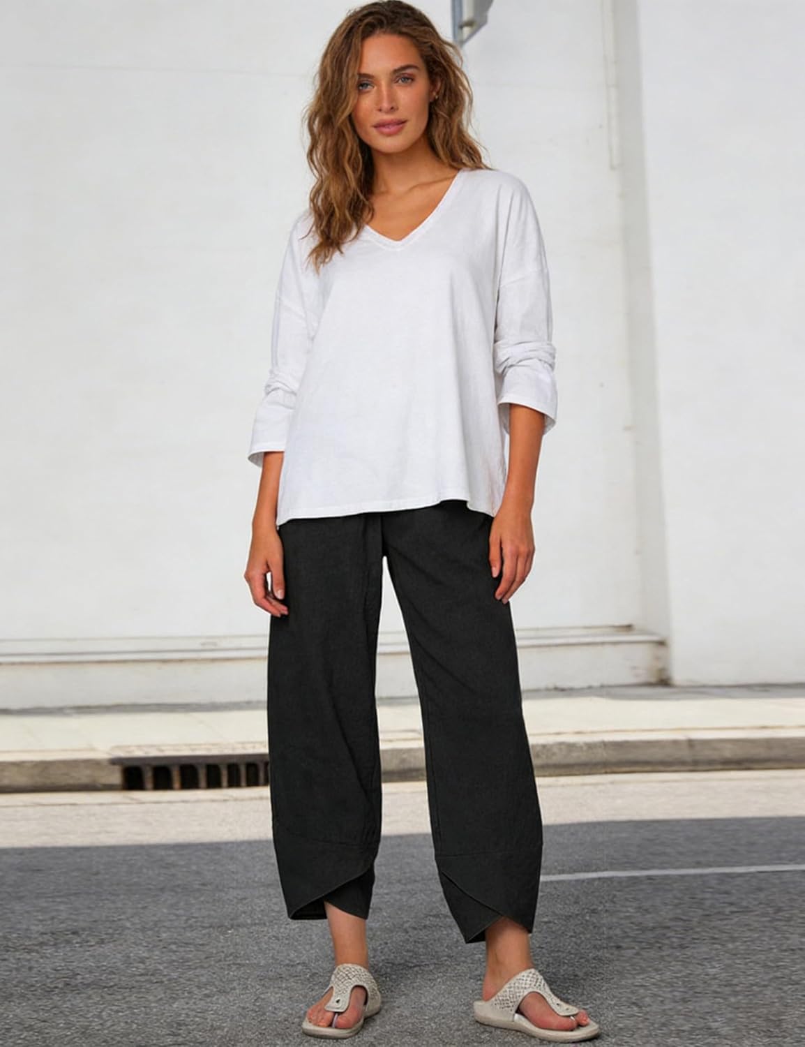 Caprice Women's Capri Cotton Pants – High Waist Elastic, Tulip Cut Chic Summer