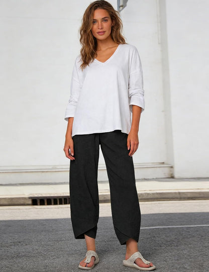 Caprice Women's Capri Cotton Pants – High Waist Elastic, Tulip Cut Chic Summer
