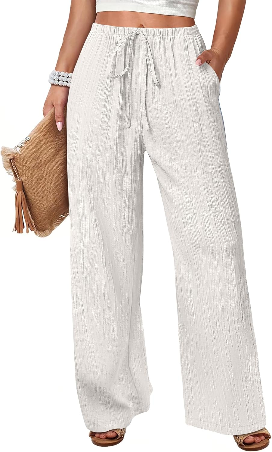 Malaya Women's Pants – Wide Palazzo Pants with Elastic Waist & Pockets for Summer