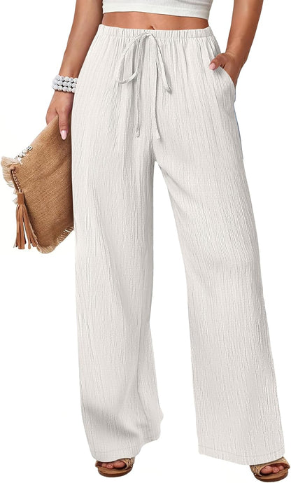 Malaya Women's Pants – Wide Palazzo Pants with Elastic Waist & Pockets for Summer