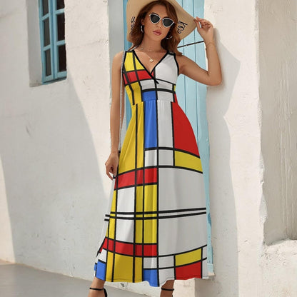 Lena Women's Dress – Maxi Dress V-Neck Sleeveless High Waist Modern Pattern Summer