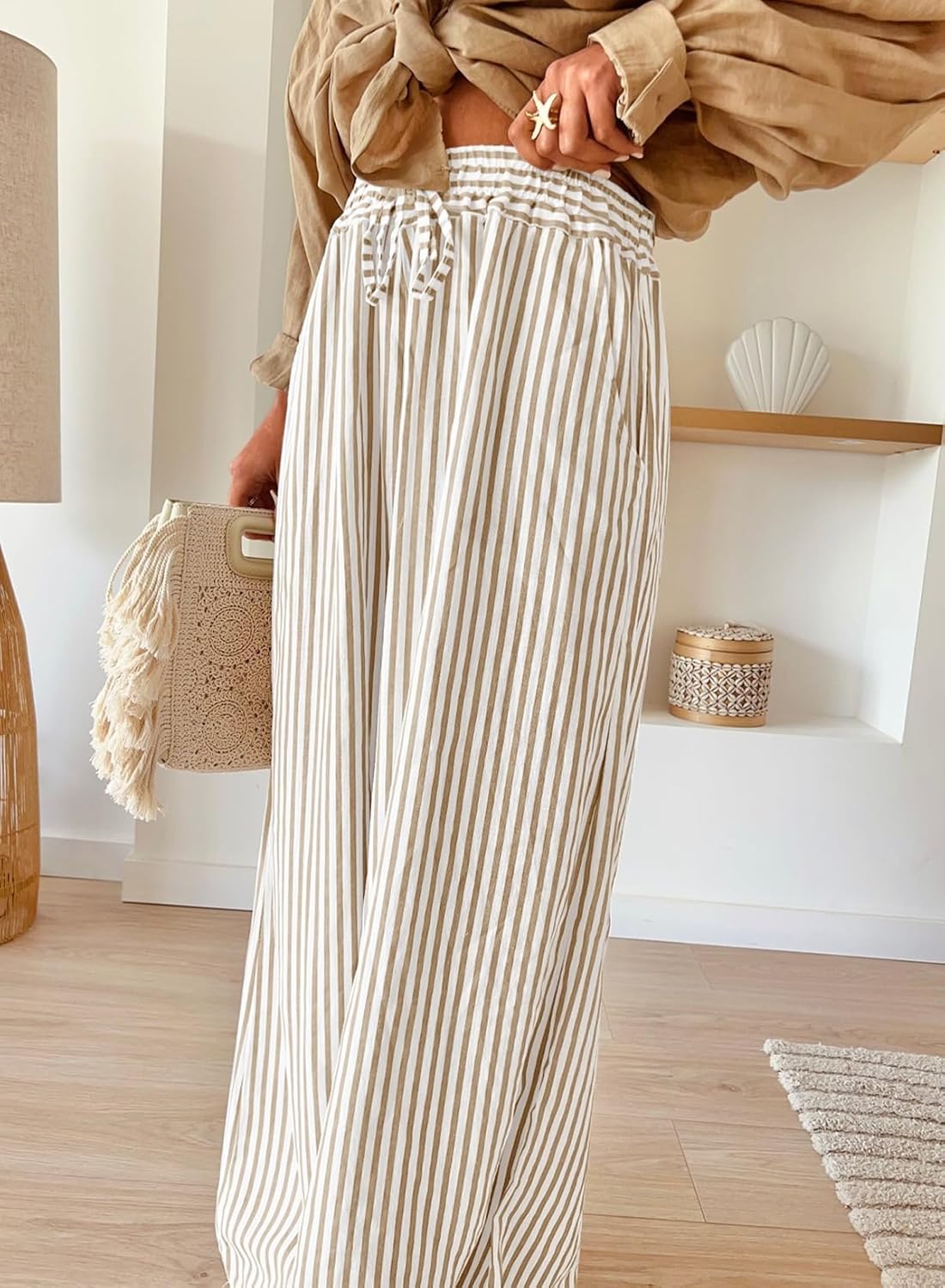 Arlyn Women's Pants – Striped Palazzo with Wide Elastic Waist & Pockets