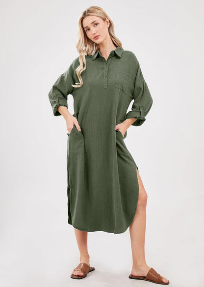 Emma Long Shirt Dress for Women – Buttoned Linen Cotton Dress with Slits and Pockets