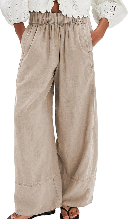Milan Women's Pants – Wide Leg Linen Palazzo Pants with Elastic Waist & Pockets