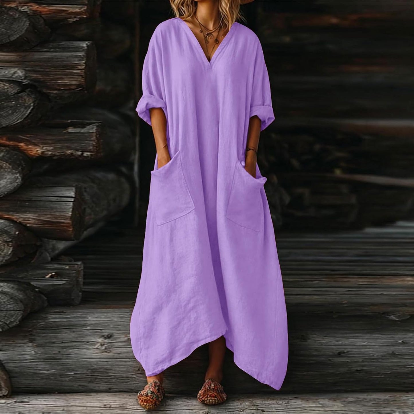 Mila Women's Dress – Maxi Linen Dress with V-Neck, 3/4 Sleeves, Oversized A-Line Cut for Summer