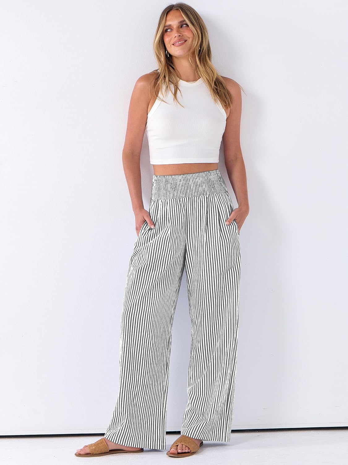 Léah Women's Pants – High-Waisted Striped Palazzo Pants with Pockets for Summer