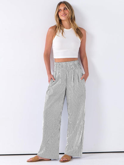 Léah Women's Pants – High-Waisted Striped Palazzo Pants with Pockets for Summer