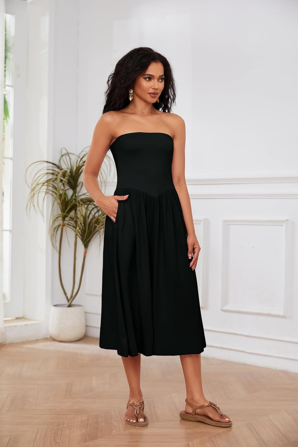 Lina Midi Dress for Women – Strapless Low Waist A-Line Summer Chic Dress