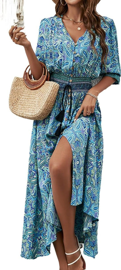 Liezl Bohemian Floral Dress for Women – V-Neck Wrap, Fluid Midi, 3/4 Sleeves