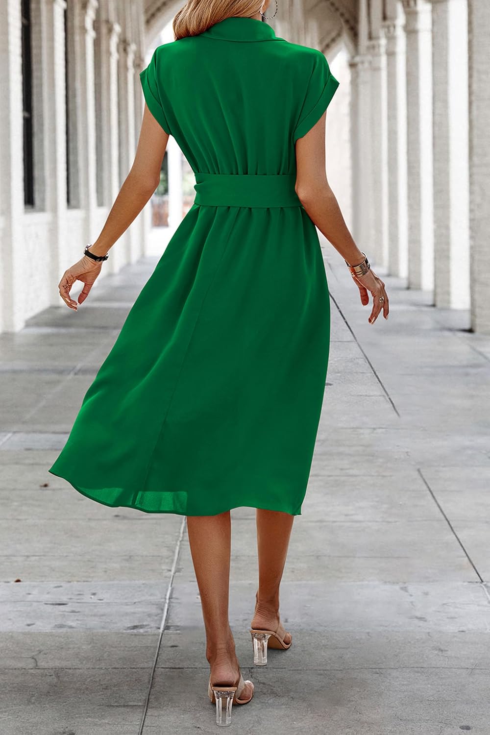 Camille Midi Dress for Women – V-Neck Buttoned Belted Dress with Pockets Summer