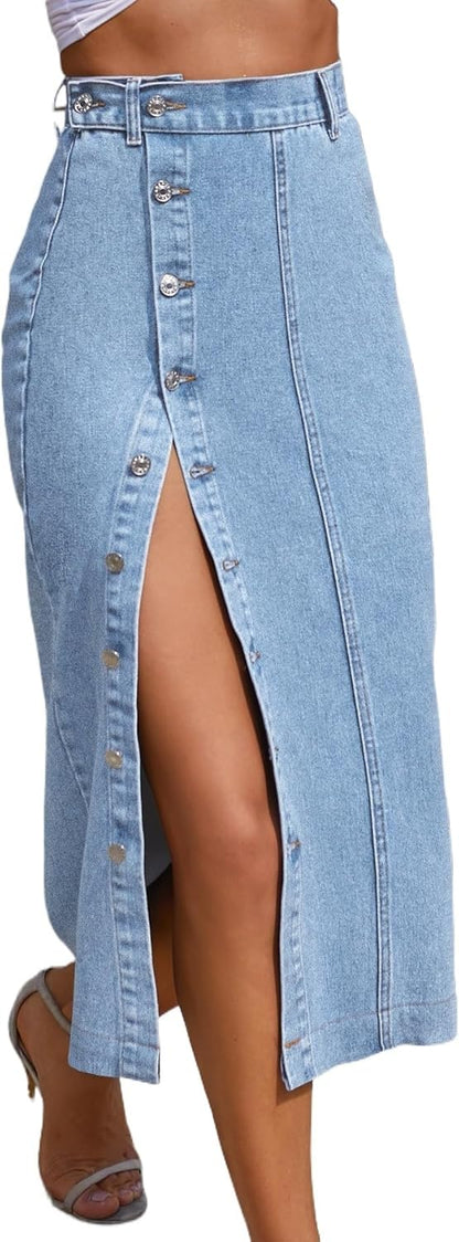 Caramia Women's Denim Skirt – High-Waisted Midi Skirt, Buttoned & Slit