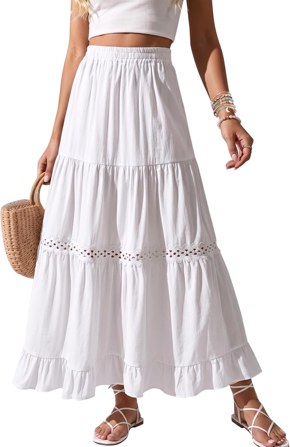 Edith Jupe Maxi Women – Bohemian Cotton Skirt with Crochet Lace & Ruffles