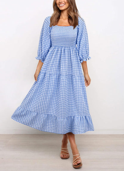 Léonie Bohemian Dress for Women – Off-Shoulder Ruffled Checkered Midi Summer Dress