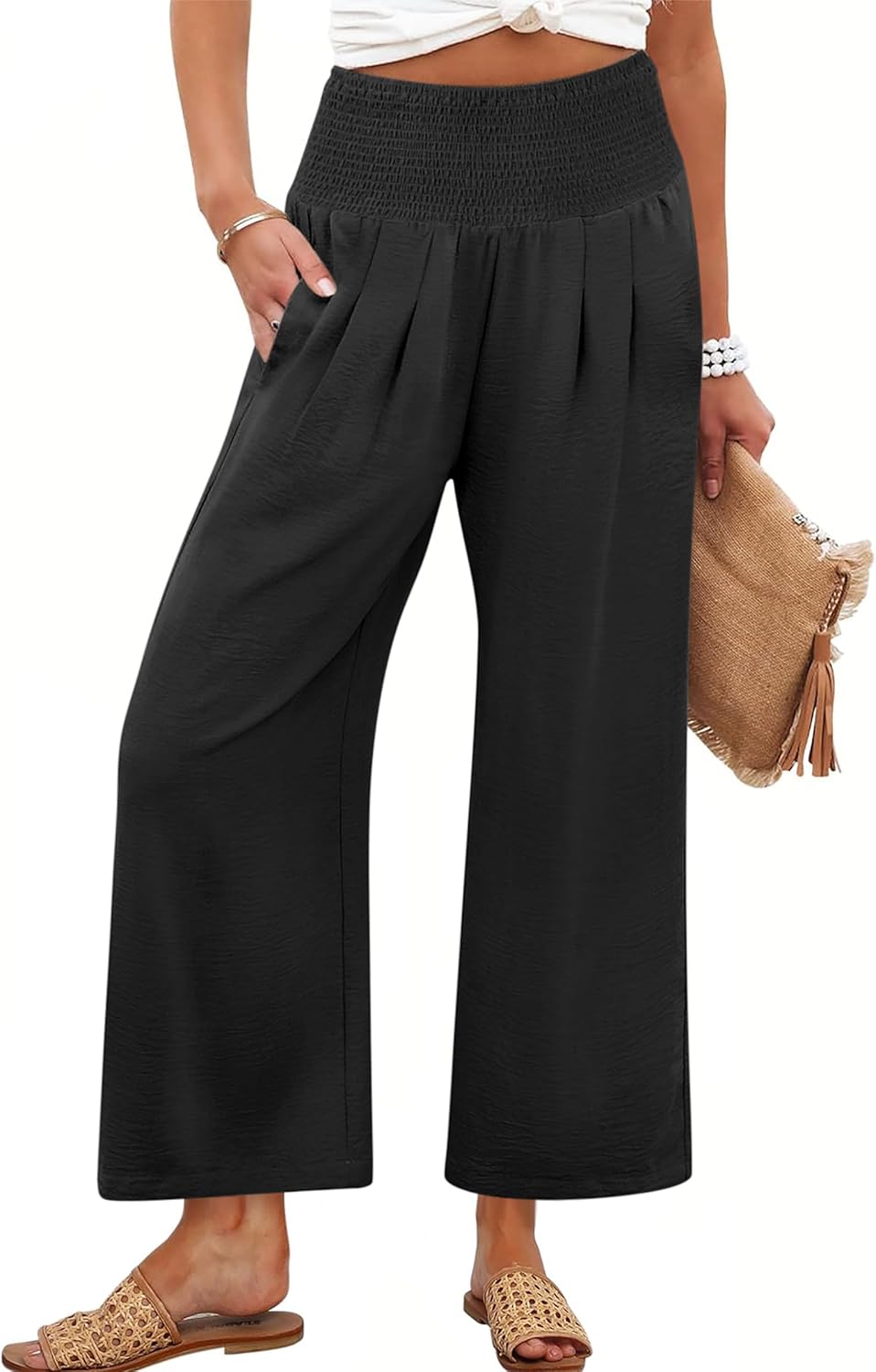 Roxanne Women's Pants – High-Waisted Fluid Palazzo with Pockets for Summer