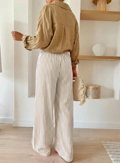Arlyn Women's Pants – Striped Palazzo with Wide Elastic Waist & Pockets